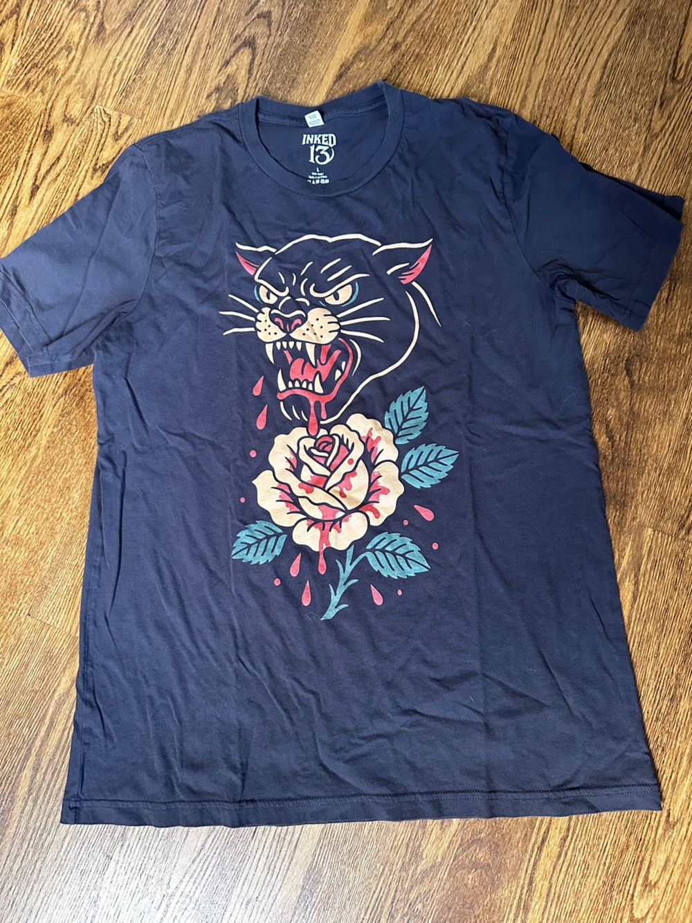 Navy Graphic Tee with Panther and Rose